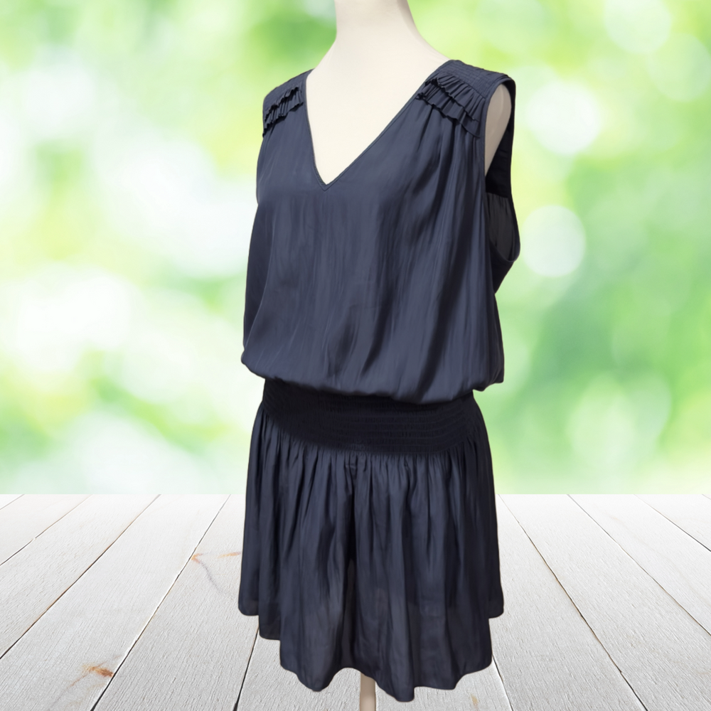 RAMY BROOK Drop Waist Dress Flapper Pleated Ruffle Blouson Retro Navy Size L